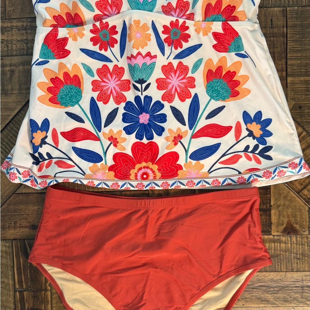 Floral Tankini Top with Solid Bikini Bottoms